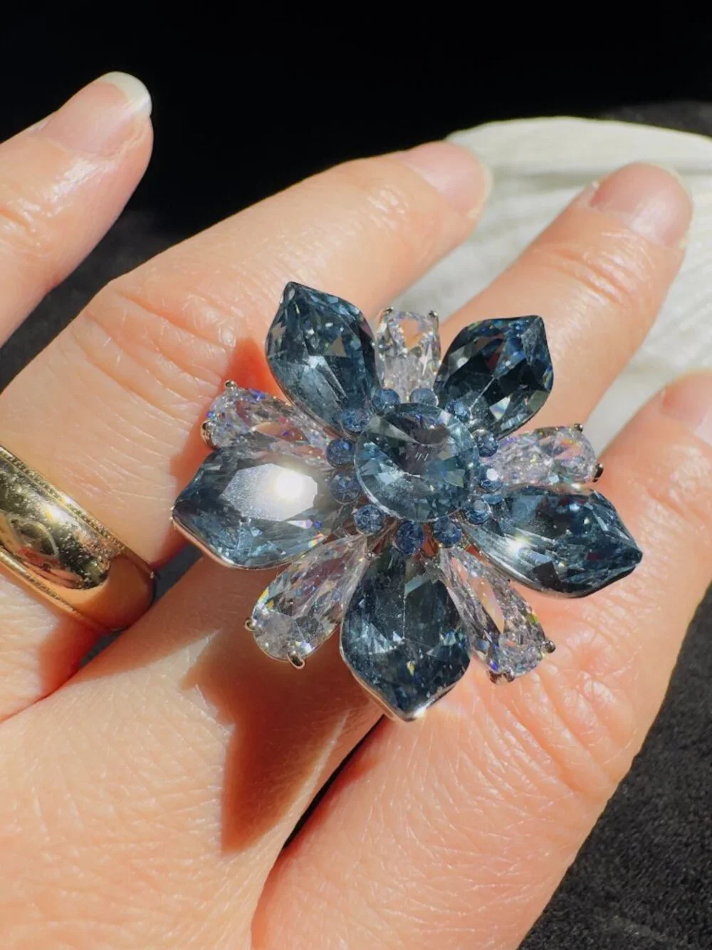 Blue Swarovski Element Crystal Flower Scarf Ring 2-in-1